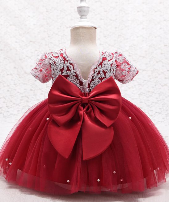 Baby Girls Short Sleeve Party Princess Spring Lace Pearls Dresses