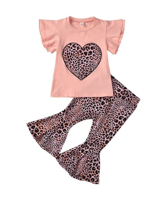 Kid Baby Girl Suit Love Valentine's Day Short Sleeve Leopard 2 Pcs Sets