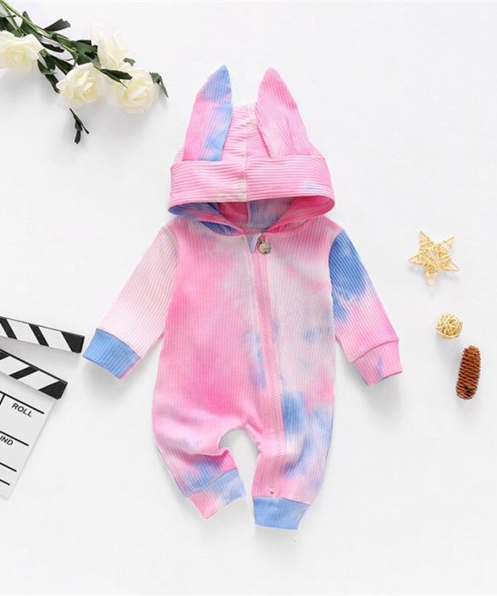 Baby Girl Long Sleeve Print Zip Up Hooded Baby Rompers