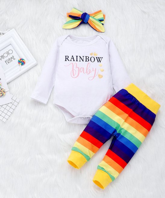 Baby Girl Color Letter Printing Rainbow Romper Outfit Set 3 Pcs