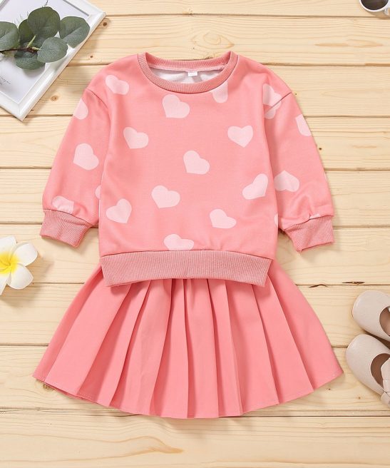 Kid Baby Girl Valentine's Day Spring Heart Printed Pleated Sets 2 Pcs