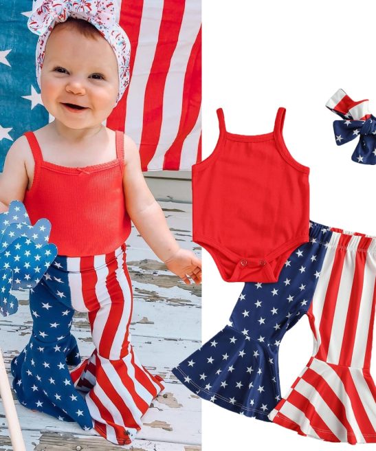 Baby Girl Independence Day Sleeve Solid Romper Striped Sets
