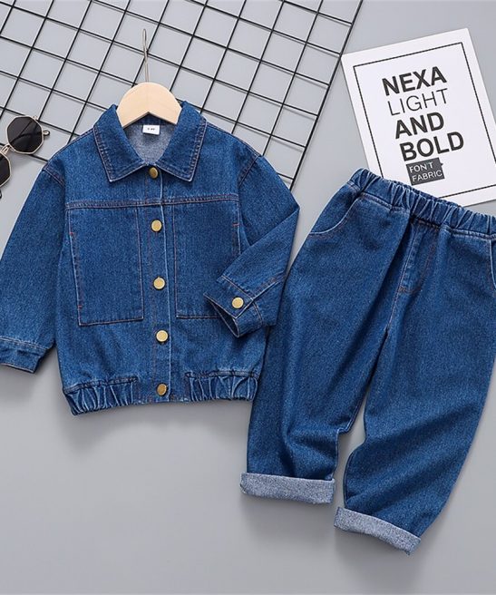 Baby Kid Girl Boy Lapel Collar Button Denim 2 Pcs Sets