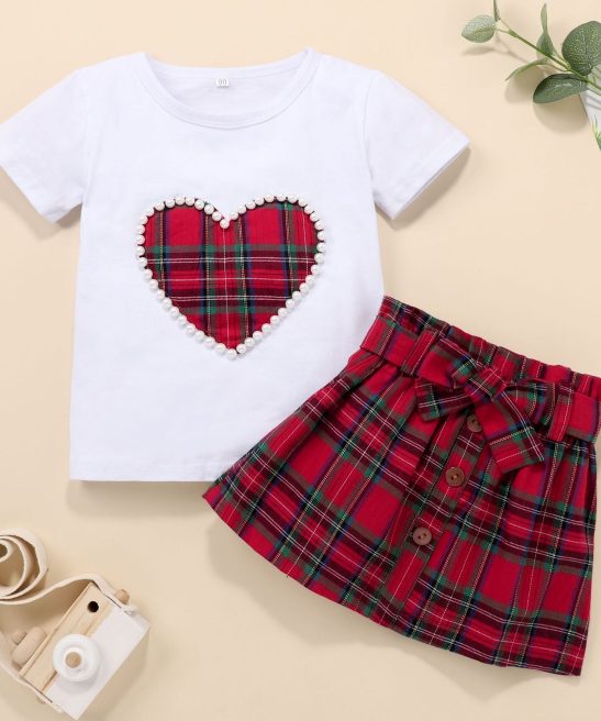Baby Kid Girl Valentine's Day Set Pearl Heart White Short Sleeve 2 Pcs